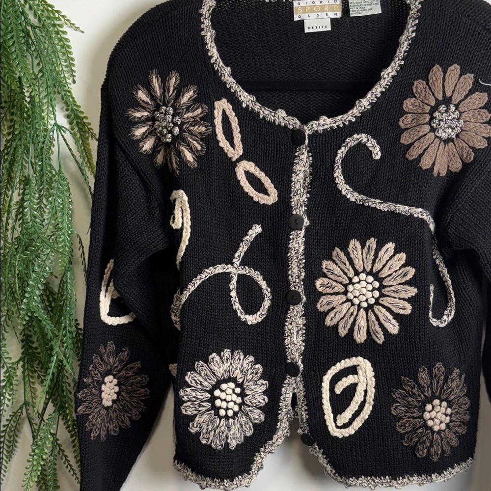 Sigrid Olsen Black and Cream Floral Cardigan